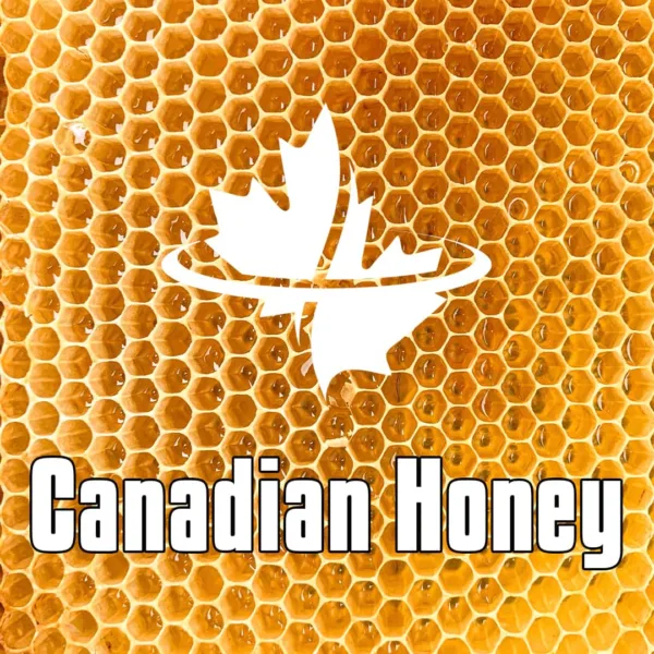 logo of "Canada vapes" with"Canadian Honey" text over a honeycomb.e liquid