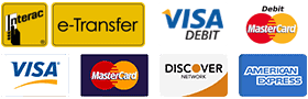 Visa, Master Card, Discover, American Express, e-Transfer