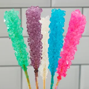 Photograph of colorful rock candy.