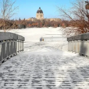 Snow-covered bridge in a Saskatchewan town.