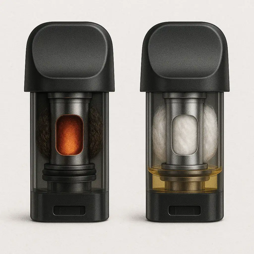 Close-up of a vape pod coil. Left: blackened cotton from overheating. Right: white, saturated cotton with e-liquid.